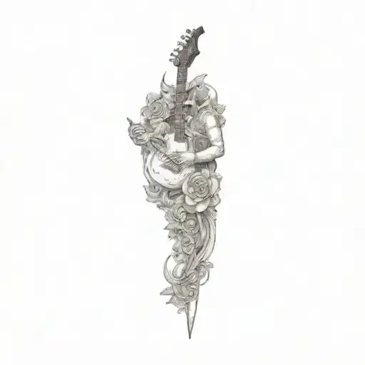 a demon with a jester head holding a guitar behind a sword with flowers in the background tattoo design idea