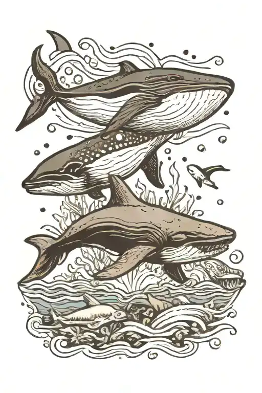 underwater scene with whale and shark swimming tattoo design idea