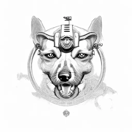 A depiction of a loyal dog in a search and rescue scene, styled to look like a companion to the Spartan warrior. tattoo design idea