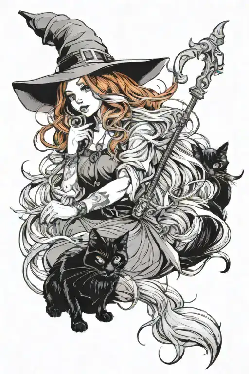 beautiful redhead witch with blue eyes plus a long haired black cat tattoo design idea