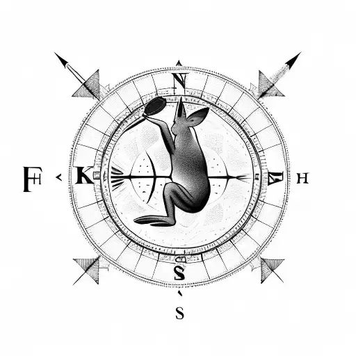 A blackwork tattoo of a kangaroo jumping over a compass, symbolizing the salesman's love for travel and exploration tattoo design idea