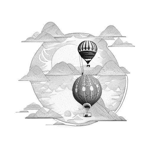 An intricate dotwork design of a hot air balloon flying over a desert landscape tattoo design idea
