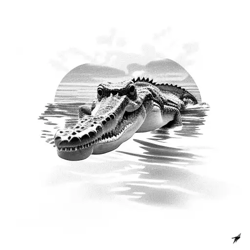 A realistic crocodile swimming in a tropical paradise with palm trees and a sunset in the background tattoo design idea