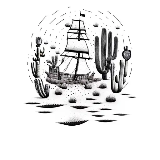 A dotwork tattoo of a pirate ship sailing through a desert landscape filled with cacti tattoo design idea