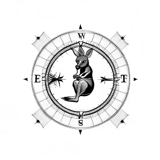 A blackwork tattoo of a kangaroo jumping over a compass, symbolizing the salesman's love for travel and exploration tattoo design idea