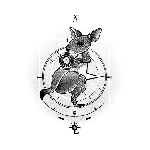 A blackwork tattoo of a kangaroo jumping over a compass, symbolizing the salesman's love for travel and exploration tattoo design idea