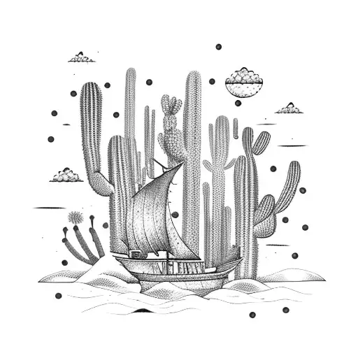 A detailed pirate ship sailing through a sea of cacti tattoo design idea
