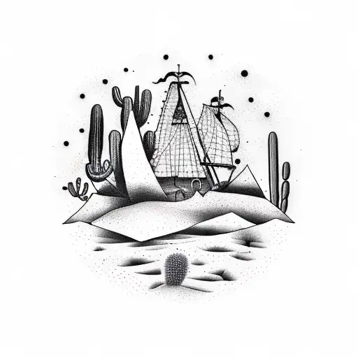 A dotwork tattoo of a pirate ship sailing through a desert landscape filled with cacti tattoo design idea