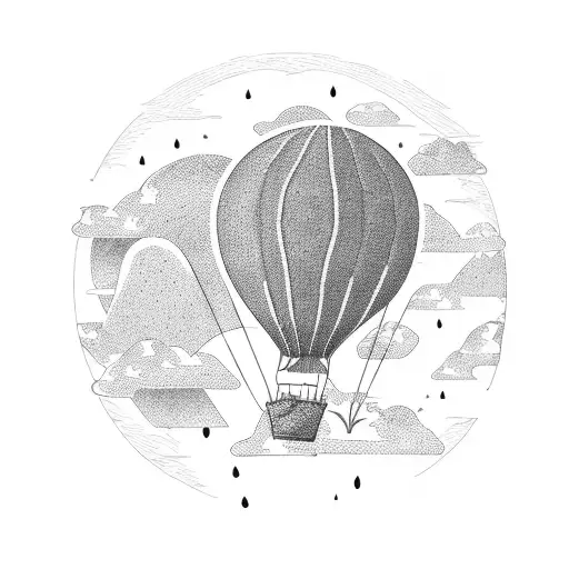 A majestic hot air balloon floating above a desert landscape filled with various species of cacti tattoo design idea
