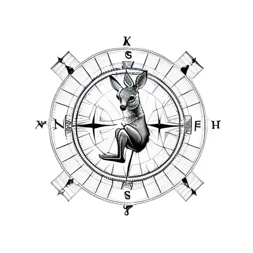 A blackwork tattoo of a kangaroo jumping over a compass, symbolizing the salesman's love for travel and exploration tattoo design idea