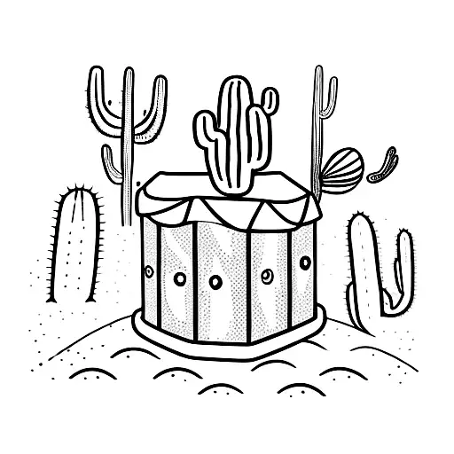 A blackwork tattoo of a pirate treasure chest filled with cacti, representing the adventurous spirit of a salesman tattoo design idea