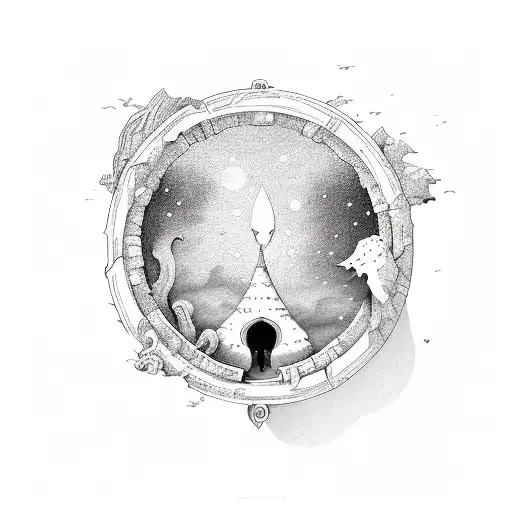 A spade-shaped keyhole with a mysterious and enchanting travel scene hidden within tattoo design idea