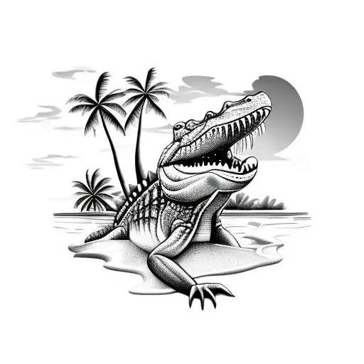 A realistic crocodile swimming in a tropical paradise with palm trees and a sunset in the background tattoo design idea