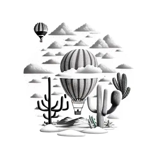 A majestic hot air balloon floating above a desert landscape filled with various species of cacti tattoo design idea