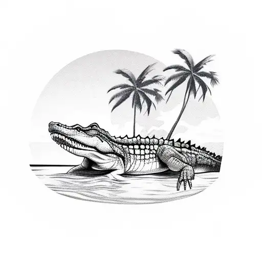 A realistic crocodile swimming in a tropical paradise with palm trees and a sunset in the background tattoo design idea