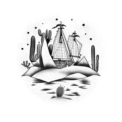 A dotwork tattoo of a pirate ship sailing through a desert landscape filled with cacti tattoo design idea