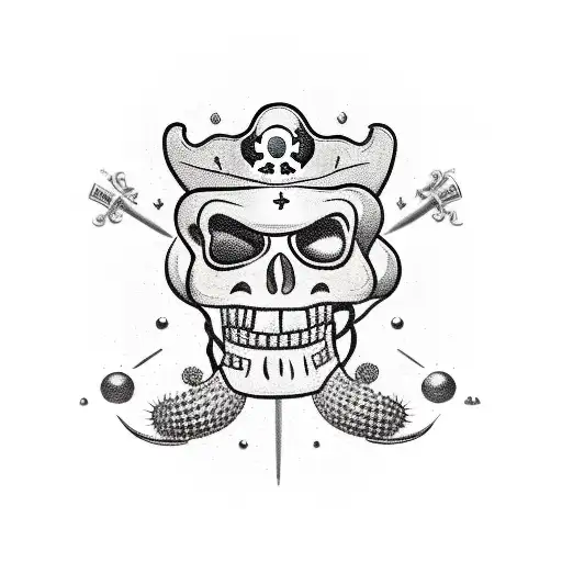 A treasure chest overflowing with golden coins and jewels, guarded by a cactus with a pirate hat and eyepatch tattoo design idea