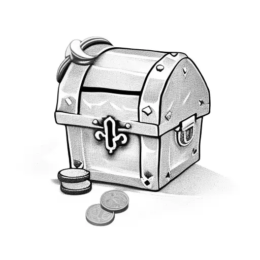 A treasure chest overflowing with golden coins and jewels, guarded by a cactus with a pirate hat and eyepatch tattoo design idea