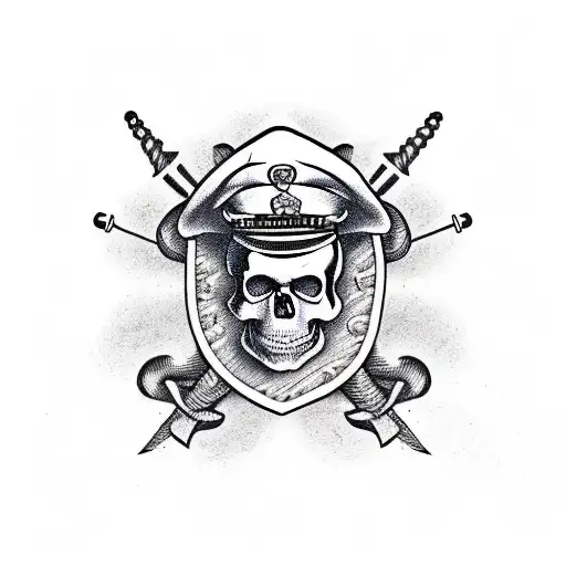 A skull wearing a captain's hat, with crossed cactus swords beneath it and a banner that says 'Sail the Seven Seas' tattoo design idea