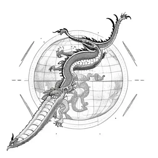 A detailed blackwork tattoo of a dragon flying over a map of the world, with cacti scattered around tattoo design idea