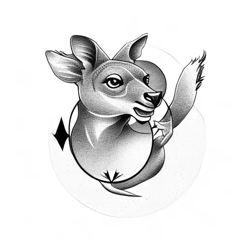 tattoo of a miscle kangaroo jumping over a compass, symbolizing the salesman's love for travel and exploration tattoo design idea