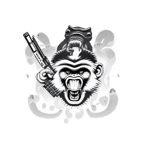 bad monkey with guns and crocodile, cactus around tattoo design idea