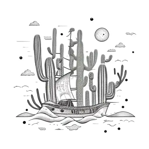 A detailed pirate ship sailing through a sea of cacti tattoo design idea