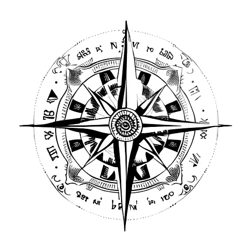 A black-grey tattoo of a compass rose surrounded by various cacti species, symbolizing a love for travel and desert exploration tattoo design idea