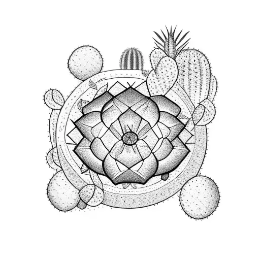 A cactus oasis surrounded by intricate blackwork patterns tattoo design idea