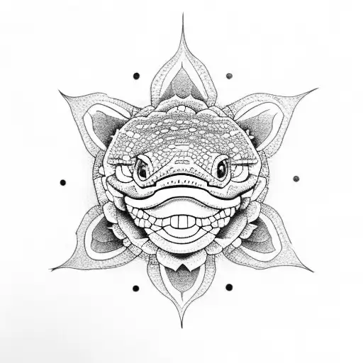 A dotwork design of a crocodile's head emerging from a lotus flower, symbolizing transformation and resilience tattoo design idea