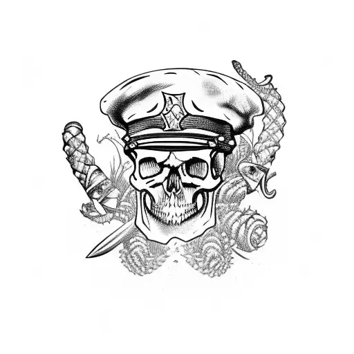 A skull wearing a captain's hat, with crossed cactus swords beneath it and a banner that says 'Sail the Seven Seas' tattoo design idea