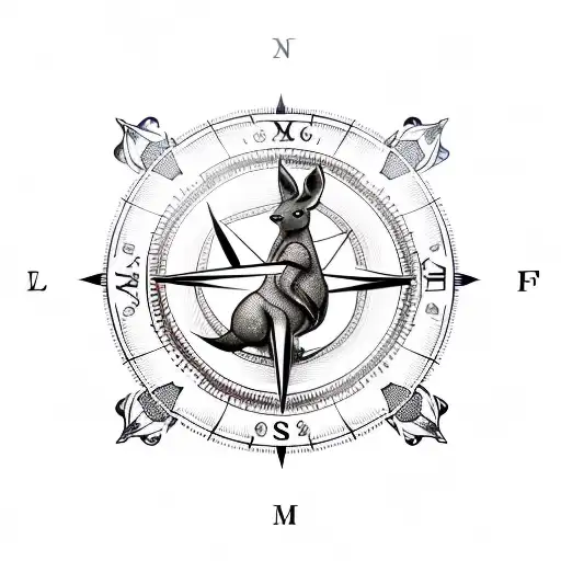 tattoo of a miscle kangaroo jumping over a compass, symbolizing the salesman's love for travel and exploration tattoo design idea