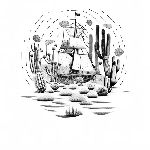 A dotwork tattoo of a pirate ship sailing through a desert landscape filled with cacti tattoo design idea