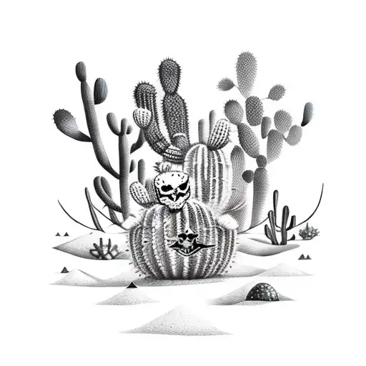 A dotwork tattoo of a pirate ship sailing through a desert landscape filled with cacti tattoo design idea