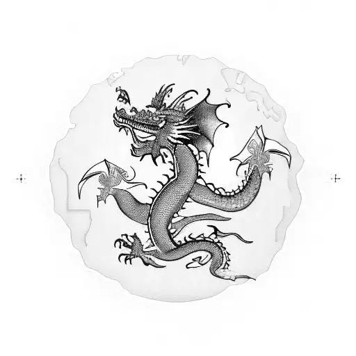 A detailed blackwork tattoo of a dragon flying over a map of the world, with cacti scattered around tattoo design idea