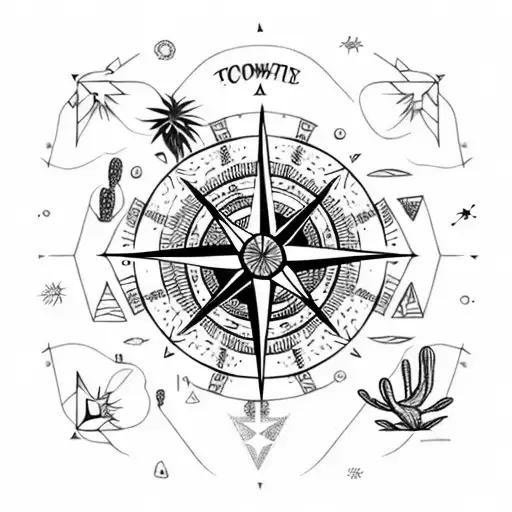 A black-grey tattoo of a compass rose surrounded by various cacti species, symbolizing a love for travel and desert exploration tattoo design idea