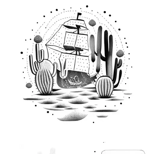 A dotwork tattoo of a pirate ship sailing through a desert landscape filled with cacti tattoo design idea
