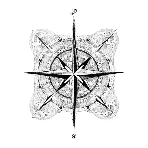 A vintage compass rose surrounded by intricate dotwork patterns tattoo design idea