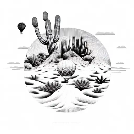 An intricate dotwork design of a hot air balloon flying over a cactus desert landscape tattoo design idea