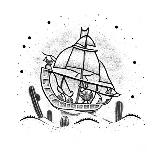 A dotwork tattoo of a pirate ship sailing through a desert landscape filled with cacti tattoo design idea