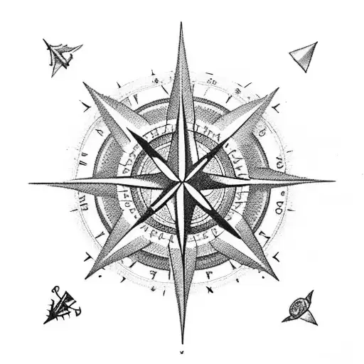 A black-grey tattoo of a compass rose surrounded by various cacti species, symbolizing a love for travel and desert exploration tattoo design idea