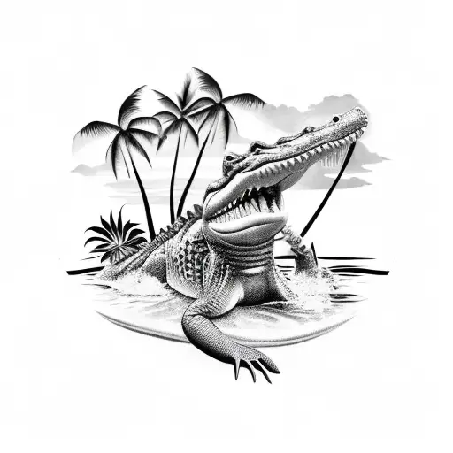 A realistic crocodile swimming in a tropical paradise with palm trees and a sunset in the background tattoo design idea