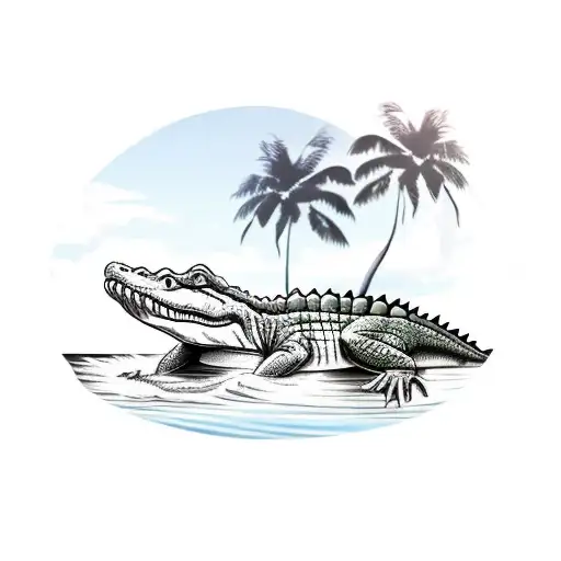 A realistic crocodile swimming in a tropical paradise with palm trees and a sunset in the background tattoo design idea