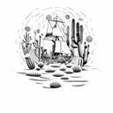 A dotwork tattoo of a pirate ship sailing through a desert landscape filled with cacti tattoo design idea