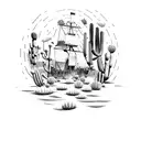 A dotwork tattoo of a pirate ship sailing through a desert landscape filled with cacti tattoo design idea