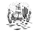 A dotwork tattoo of a pirate ship sailing through a desert landscape filled with cacti tattoo design idea