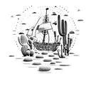 A dotwork tattoo of a pirate ship sailing through a desert landscape filled with cacti tattoo design idea