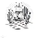 A dotwork tattoo of a pirate ship sailing through a desert landscape filled with cacti tattoo design idea