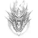 A dragon breathing fire onto a pirate ship, showcasing the client's love for both dragons and pirates in a dynamic and bold design. tattoo design idea