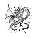 A dragon breathing fire onto a pirate ship, showcasing the client's love for both dragons and pirates in a dynamic and bold design. tattoo design idea